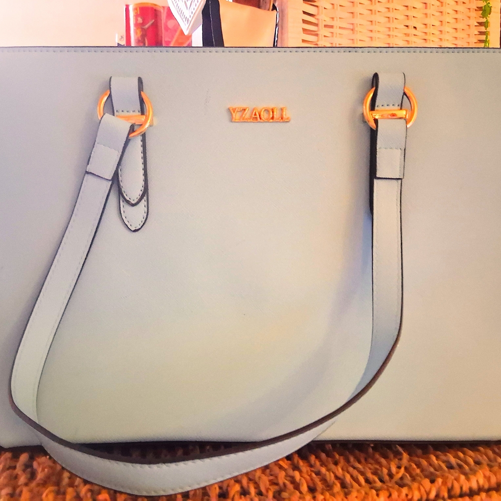 Pale Blue Tote Bag with Gold Hardware